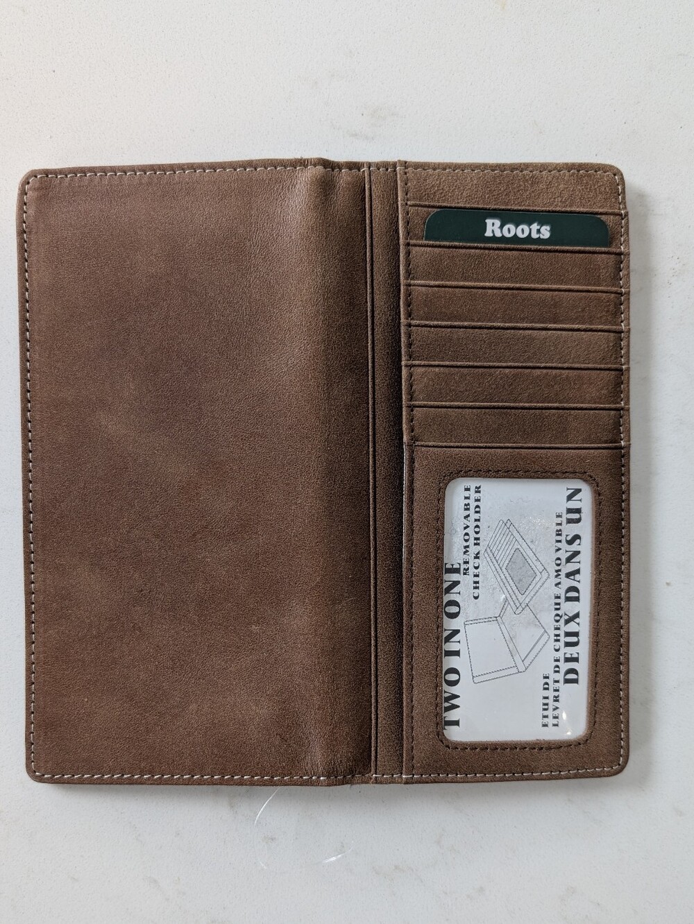 Roots Brown Leather Classic Slim Two In One Card Wallet Cheque Holder